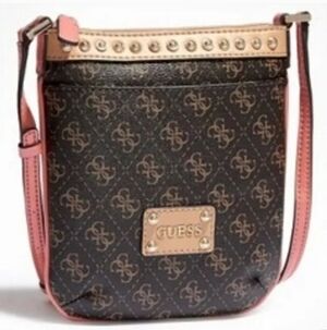 GUESS Logo Patterned Crossbody Bag in Brown and Pink